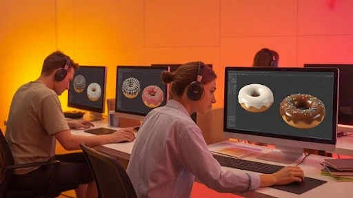 Animators working on the glaze aspect of the 3D Blender donut tutorial