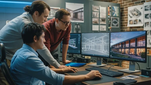 Animation experts working on architectural rendering