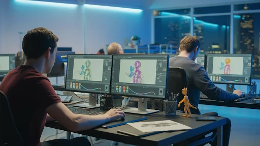 Animators working on 3D animation projects