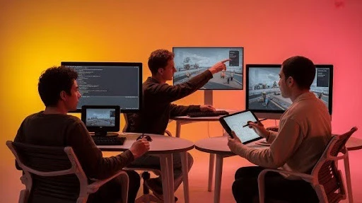 Developers using a programming language to code a game