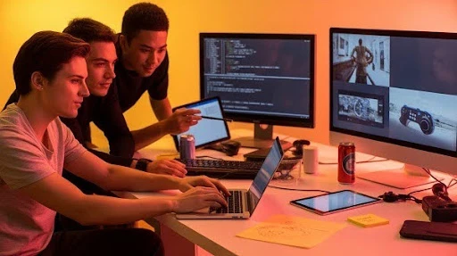 Game developers working on cross-platform game development