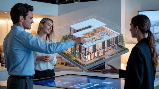 Potential real estate buyers interacting with an interactive animation