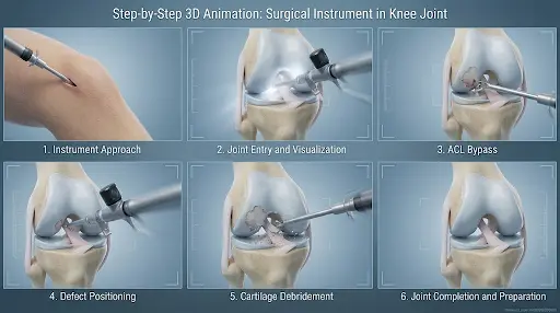 step-by-step 3D animation frames of a surgical instrument 