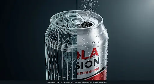 Split view of a 3D soda can from wireframe to finished render with bubbles.