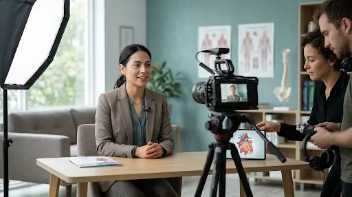 Doctor speaking to the camera in a consultation room during a patient education shoot