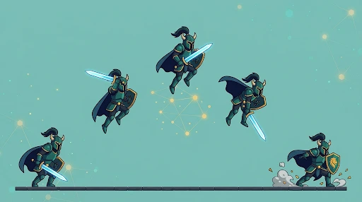 Five-frame jump animation showing anticipation, takeoff, peak, fall, and landing.