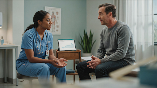 a medical professional talking to a patient in a healthcare video